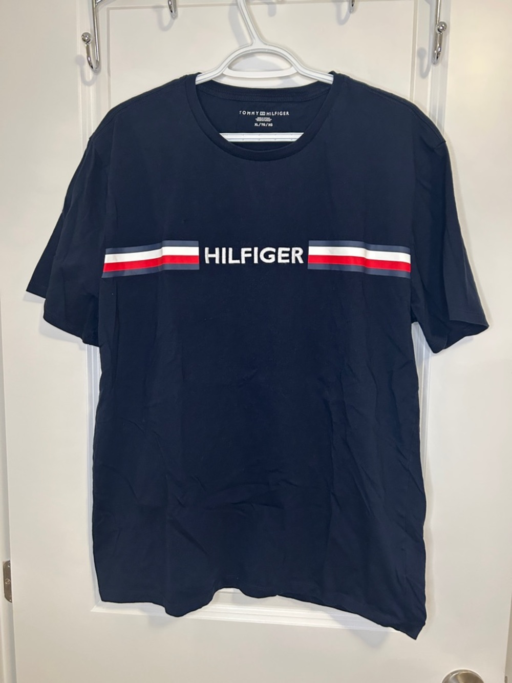 💯 Cotton - Tommy Hilfiger Navy Short-Sleeve Tee with Red & White Stripe